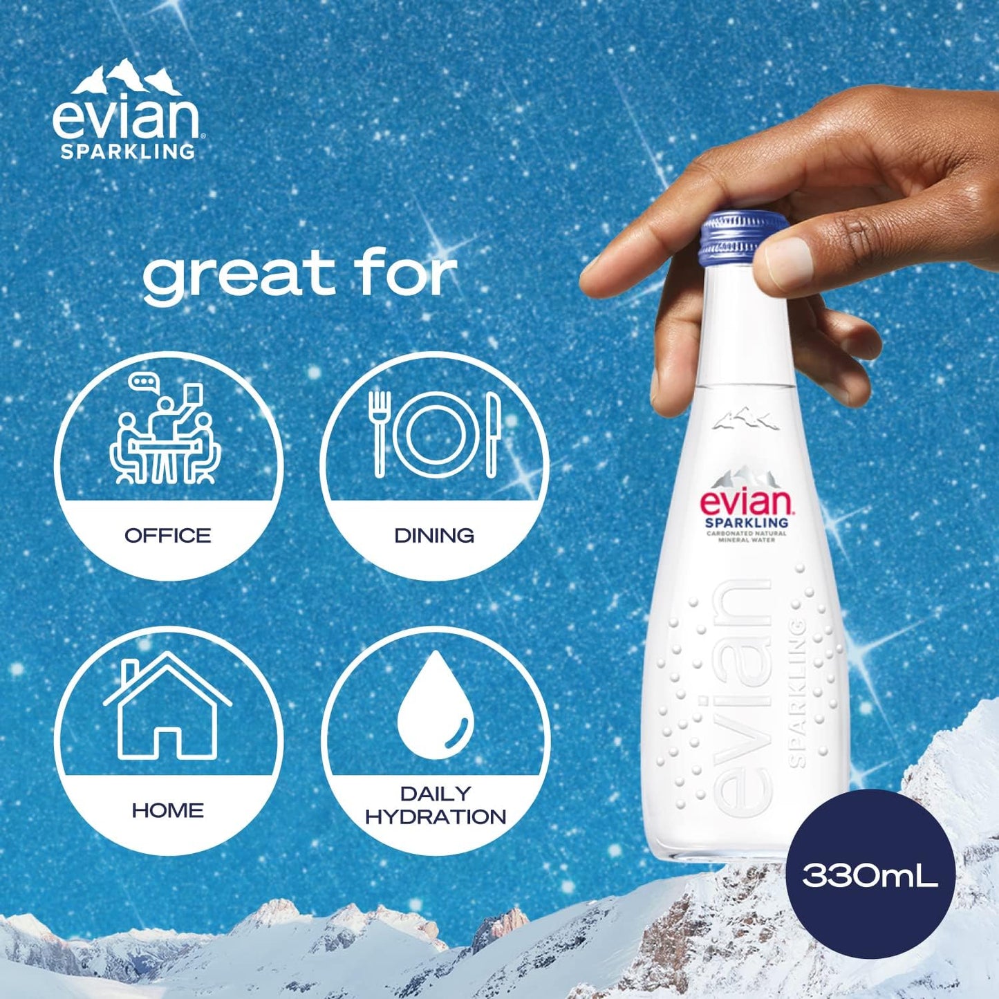 Evian Natural Sparkling Water 330ml glass Pack of 20