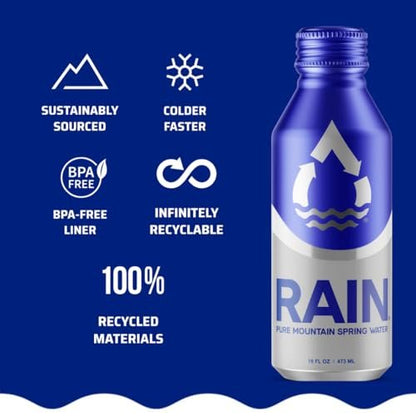 RAIN Pure Mountain Spring Water 16 ounce Eco Friendly Aluminum Bottle Pack of 24