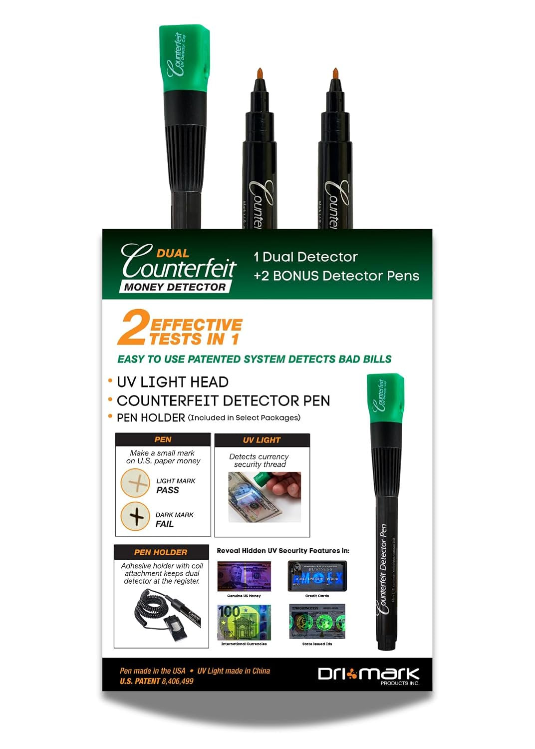 Dri Mark Dual Test Counterfeit Money Detector Pen With UV Light Head + 2 Pen Bonus Pack